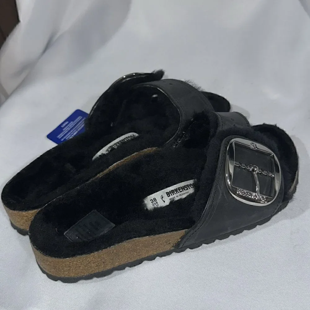 BIRKENSTOCK MADRID SHEARLING BIG BUCKLE SANDALS BLACK NEW NWT